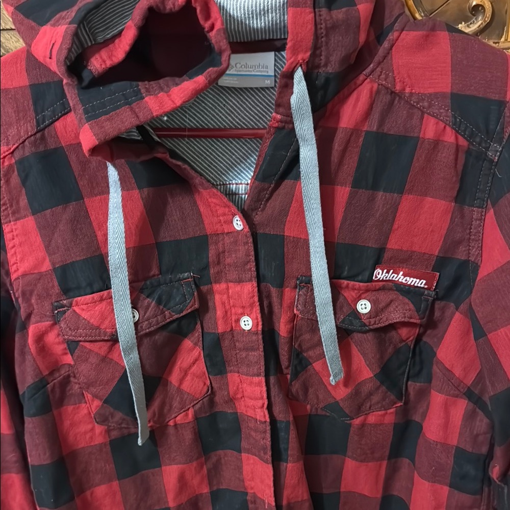 Columbia Red and Black Plaid Hooded Shirt Oklahoma University Size Medium - Picture 2 of 5